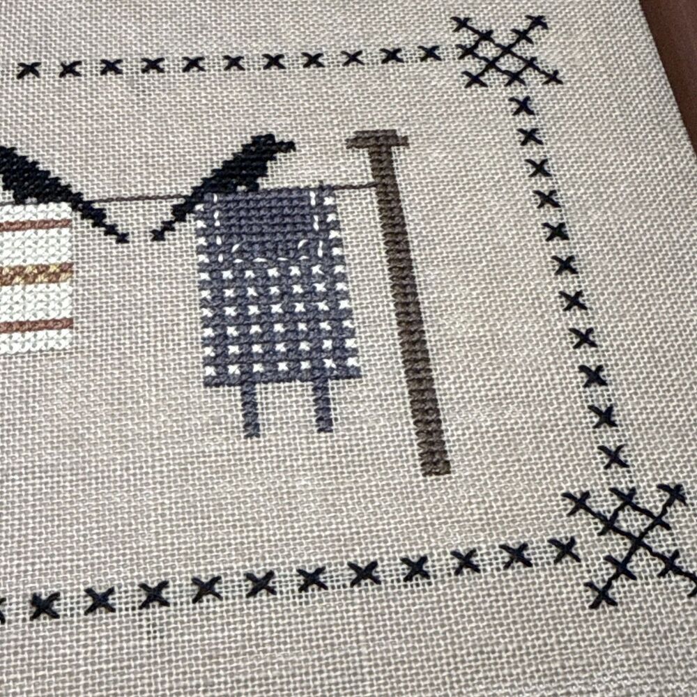Crows On Clothesline Framed Cross Stitch Completed 16”x8.5” Framed Art - Picture 9 of 9